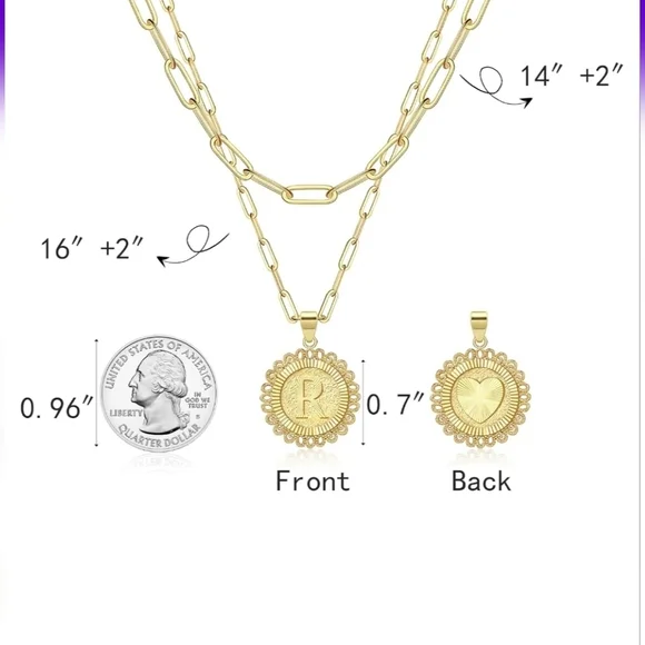 Chic 14K Gold Plated 2 Side Layered Chain Necklace with Medallion Letter R New
